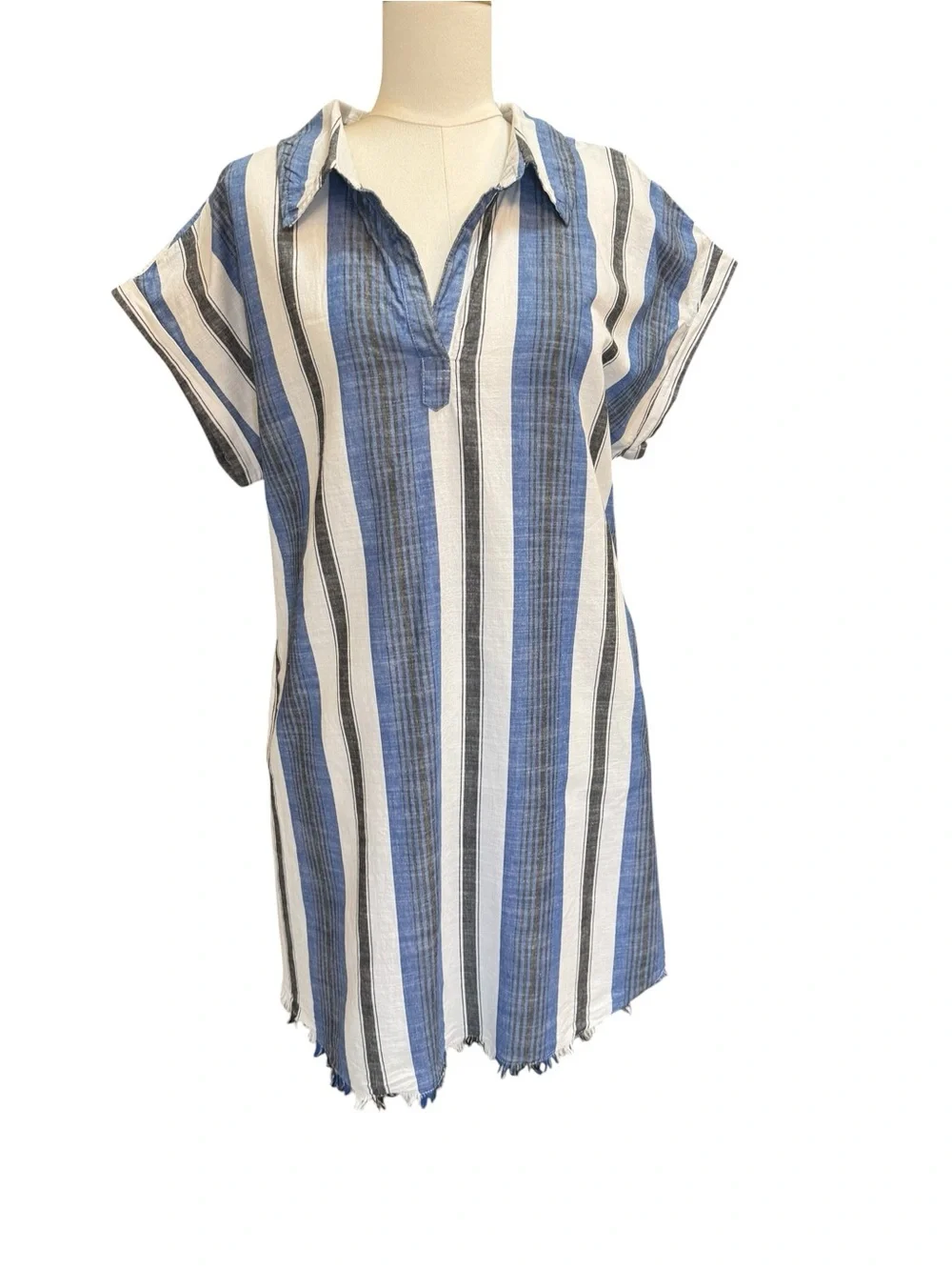 Rise & Bloom Striped Shirt Dress Blue White Fringe Hem Size L